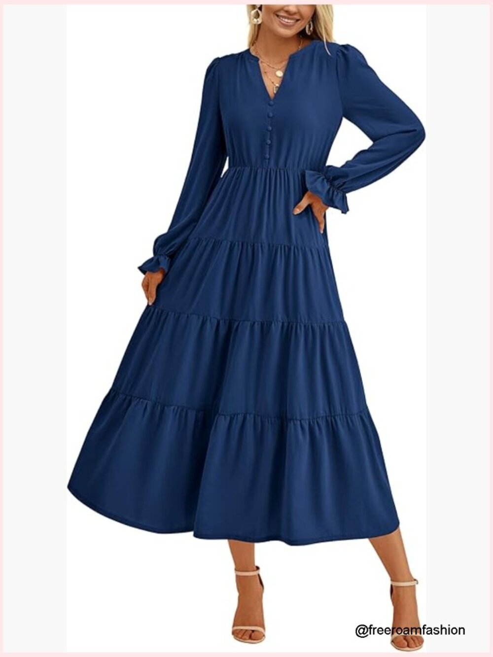 Long Sleeve V Neck Maxi Dress A Line Tiered Flowy Wedding Guest